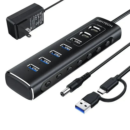 RSHTECH Powered USB Hub 7 Ports USB Extension 10Gbps USB-A and 2 USB-C Data Ports Individual On/Off Switches 12V Power Adapter