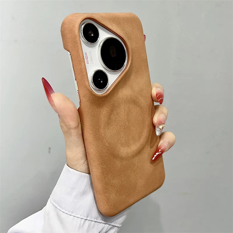 Luxury Matte Leather Frameless Phone Case For Huawei Pura 70 Ultra Pro Plus Mate 60 Magnetic For Magsafe Wireless Charge Cover