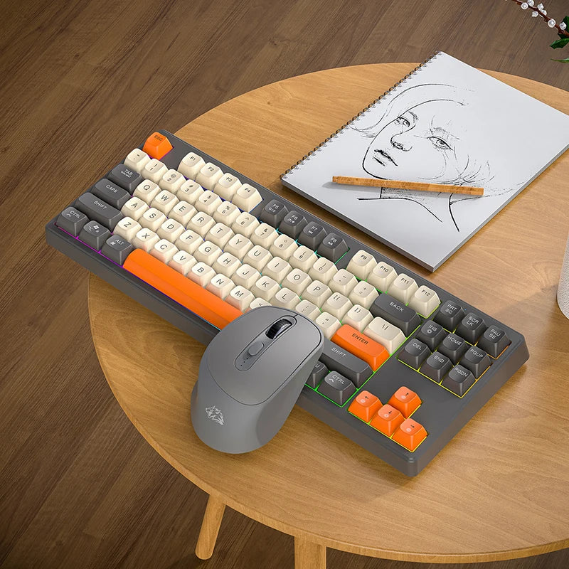 FREEWOLF M87 Wireless Keyboard and Mouse Set, 87keys Bluetooth Dual Mode Keyboard Mouse Kit with Rainbow-light RGB,PBT Ballcaps