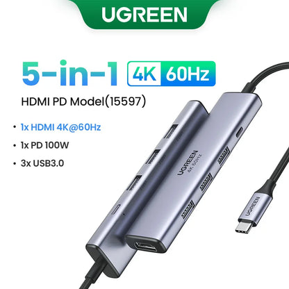 UGREEN 5-in-1 USB C HUB 4K HDMI USB3.0 HUB PD100W Multiport Adapter for Laptop MacBook Pro/Air iPad Pro iPhone15/16 Samsung Dell