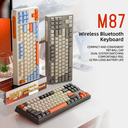 FREEWOLF M87 Wireless Keyboard and Mouse Set, 87keys Bluetooth Dual Mode Keyboard Mouse Kit with Rainbow-light RGB,PBT Ballcaps