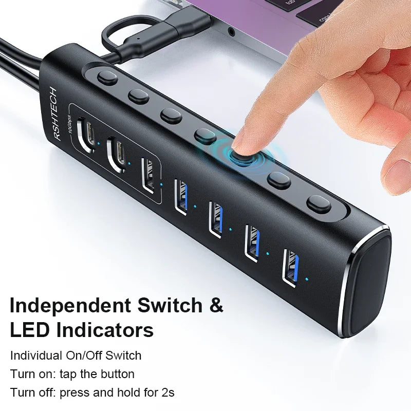 RSHTECH Powered USB Hub 7 Ports USB Extension 10Gbps USB-A and 2 USB-C Data Ports Individual On/Off Switches 12V Power Adapter