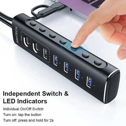 RSHTECH Powered USB Hub 7 Ports USB Extension 10Gbps USB-A and 2 USB-C Data Ports Individual On/Off Switches 12V Power Adapter