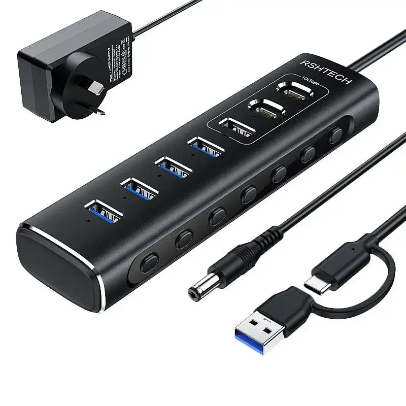 RSHTECH Powered USB Hub 7 Ports USB Extension 10Gbps USB-A and 2 USB-C Data Ports Individual On/Off Switches 12V Power Adapter
