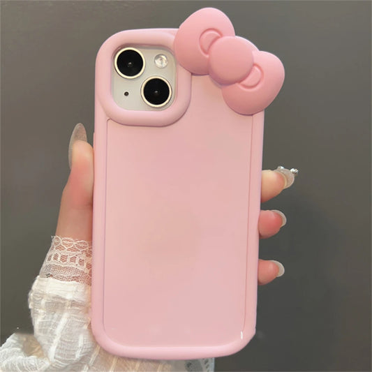Korean Cute 3D Pink Bowknot Soft Silicone Oval Phone Case For iPhone 14 13 12 11 Pro Max X XR Soild Color Shockproof Back Cover