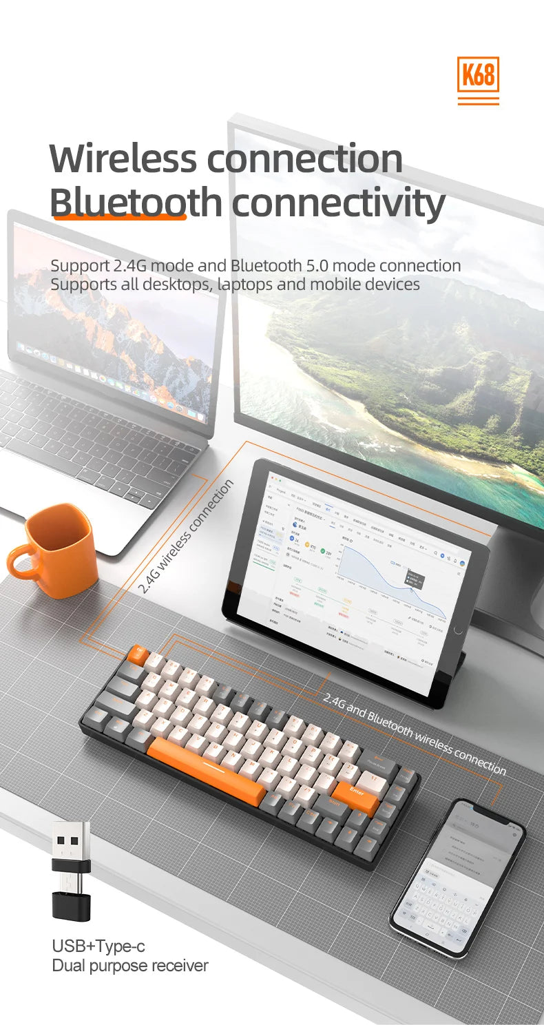 60% Wireless Mechanical Keyboard Bluetooth Dual Mode Hot-Swap Ziyoulang K68 Mini Keyboard 68-Key Red Switch for PC/IPhone iPad
