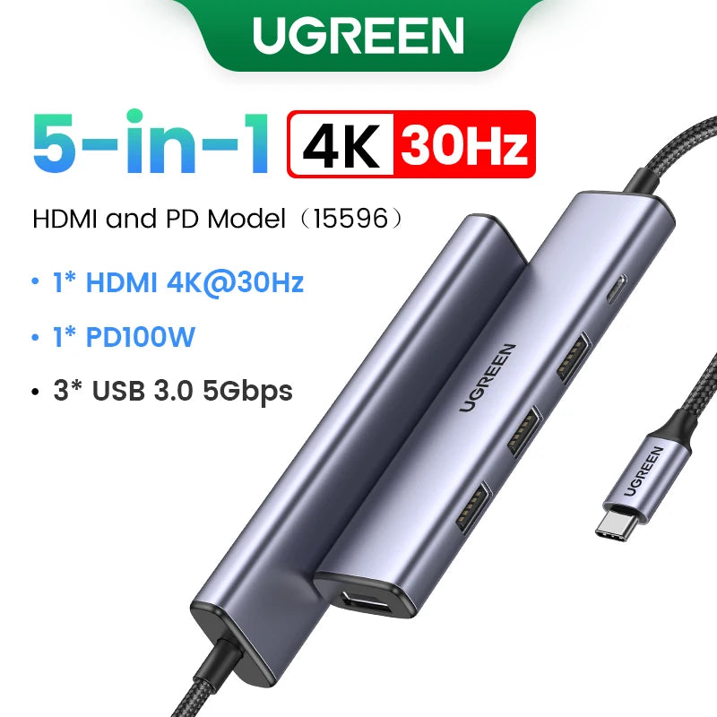 UGREEN 5-in-1 USB C HUB 4K HDMI USB3.0 HUB PD100W Multiport Adapter for Laptop MacBook Pro/Air iPad Pro iPhone15/16 Samsung Dell