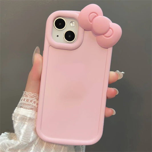 Korean Cute 3D Pink Bowknot Soft Silicone Oval Phone Case For iPhone 14 13 12 11 Pro Max X XR Soild Color Shockproof Back Cover