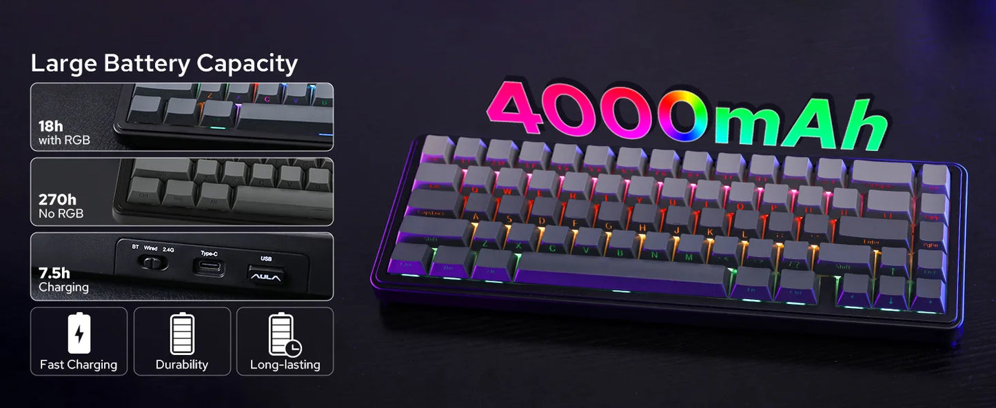Aula F65 65% Wireless Mechanical Keyboard RGB Backlit Hot Swappable Gasket Custom 3 Mode Gaming Keyboard with Five-Layer Padding