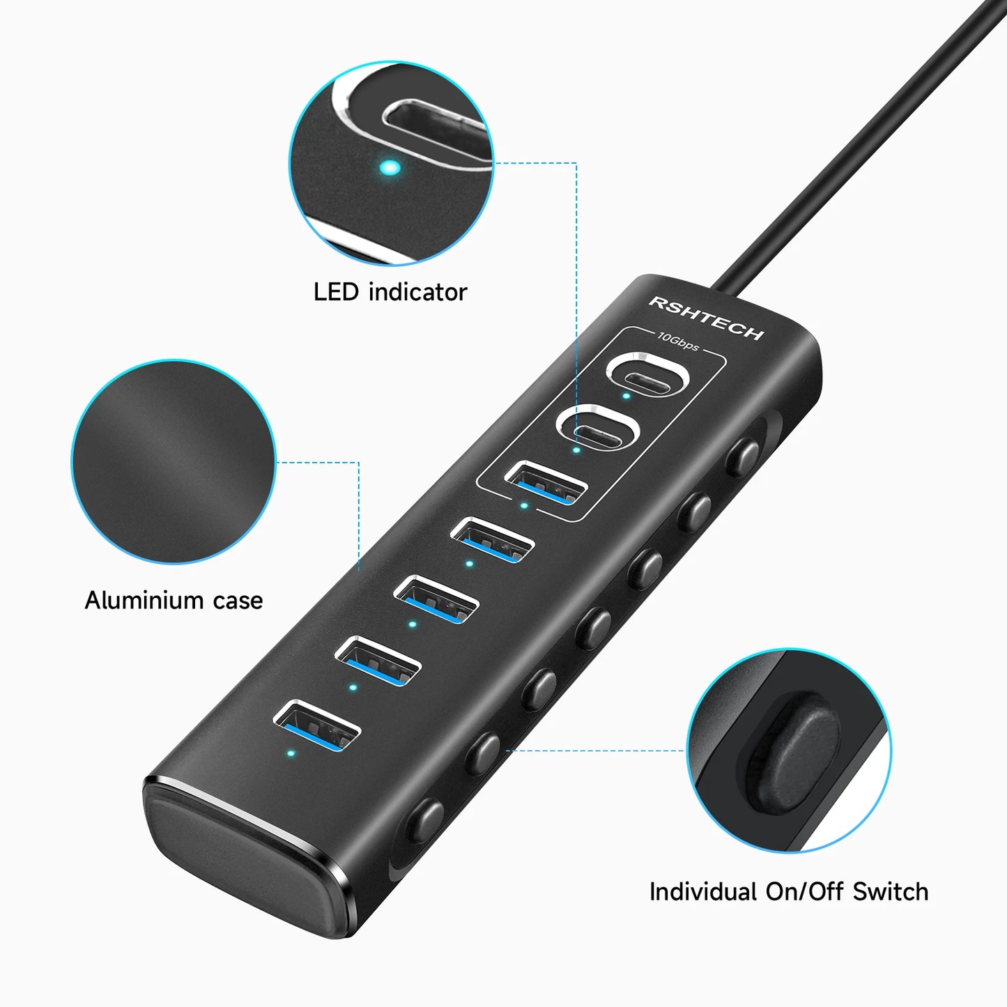 RSHTECH Powered USB Hub 7 Ports USB Extension 10Gbps USB-A and 2 USB-C Data Ports Individual On/Off Switches 12V Power Adapter