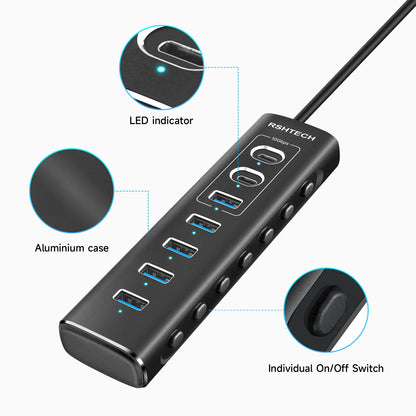 RSHTECH Powered USB Hub 7 Ports USB Extension 10Gbps USB-A and 2 USB-C Data Ports Individual On/Off Switches 12V Power Adapter