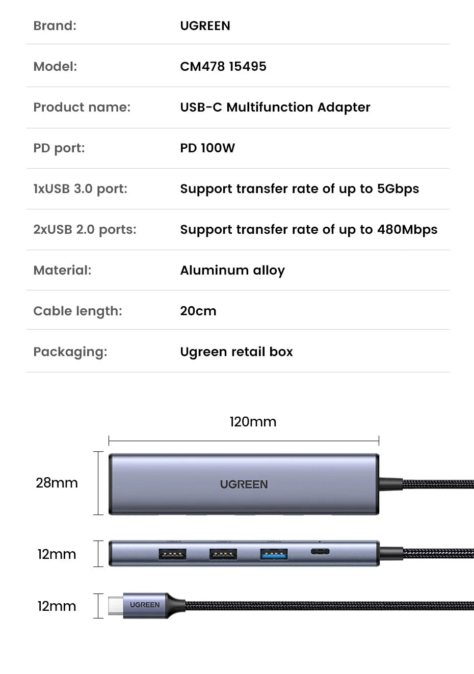 UGREEN 5-in-1 USB C HUB 4K HDMI USB3.0 HUB PD100W Multiport Adapter for Laptop MacBook Pro/Air iPad Pro iPhone15/16 Samsung Dell