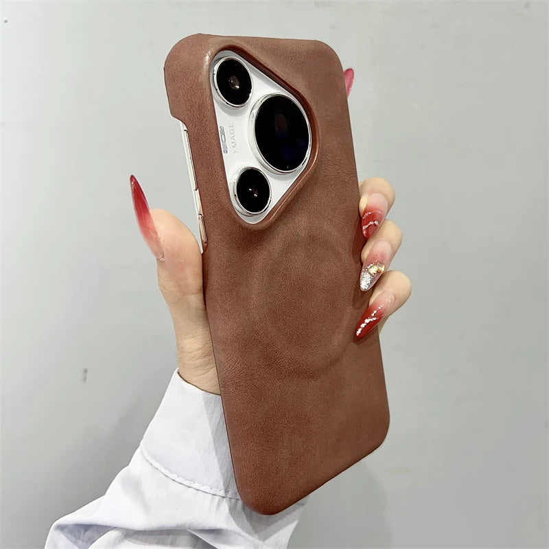 Luxury Matte Leather Frameless Phone Case For Huawei Pura 70 Ultra Pro Plus Mate 60 Magnetic For Magsafe Wireless Charge Cover