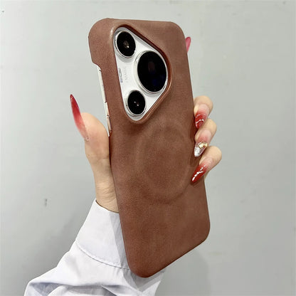 Luxury Matte Leather Frameless Phone Case For Huawei Pura 70 Ultra Pro Plus Mate 60 Magnetic For Magsafe Wireless Charge Cover