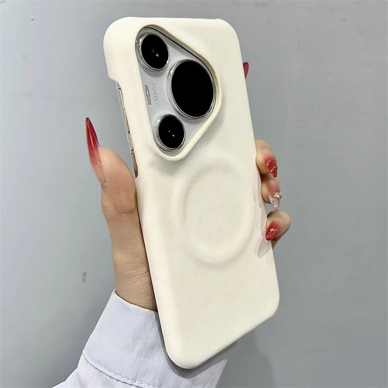 Luxury Matte Leather Frameless Phone Case For Huawei Pura 70 Ultra Pro Plus Mate 60 Magnetic For Magsafe Wireless Charge Cover