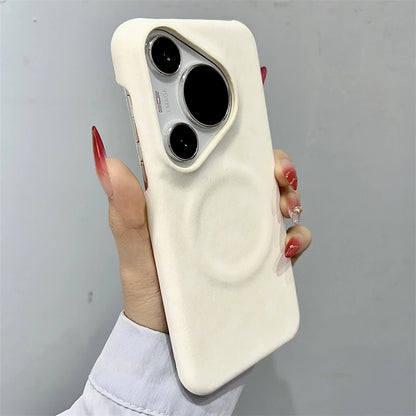 Luxury Matte Leather Frameless Phone Case For Huawei Pura 70 Ultra Pro Plus Mate 60 Magnetic For Magsafe Wireless Charge Cover