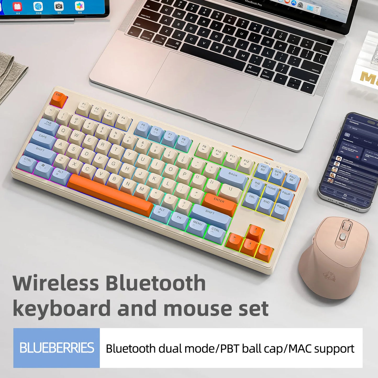 FREEWOLF M87 Wireless Keyboard and Mouse Set, 87keys Bluetooth Dual Mode Keyboard Mouse Kit with Rainbow-light RGB,PBT Ballcaps