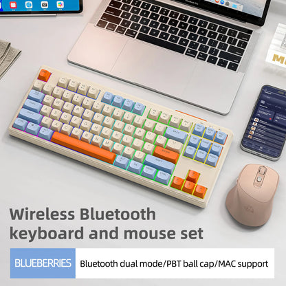 FREEWOLF M87 Wireless Keyboard and Mouse Set, 87keys Bluetooth Dual Mode Keyboard Mouse Kit with Rainbow-light RGB,PBT Ballcaps