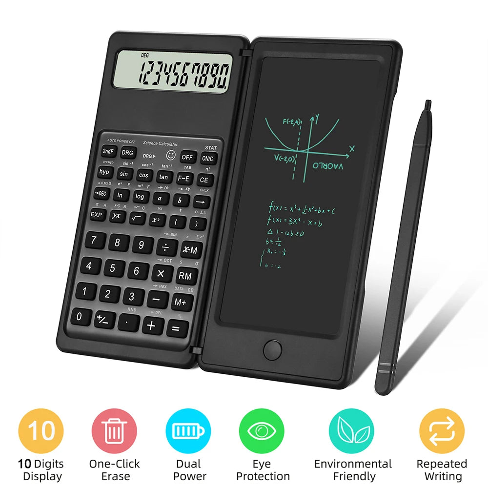 2-In-1 Foldable Scientific Calculator & 6 inch Writing Tablet 10 Digit LCD Display For College Office Student Teacher Accountant