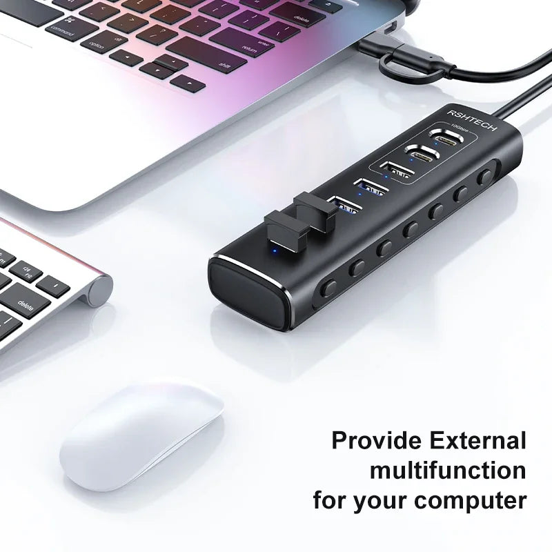 RSHTECH Powered USB Hub 7 Ports USB Extension 10Gbps USB-A and 2 USB-C Data Ports Individual On/Off Switches 12V Power Adapter