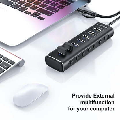 RSHTECH Powered USB Hub 7 Ports USB Extension 10Gbps USB-A and 2 USB-C Data Ports Individual On/Off Switches 12V Power Adapter
