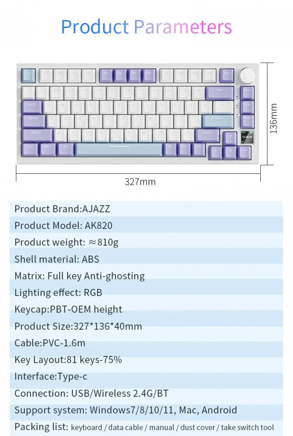 Ajazz Ak820 Wired Mechanical Keyboard 75% Layout Full Keys Hot Swappable Pc Laptop with Display Esports Gaming Keyboard