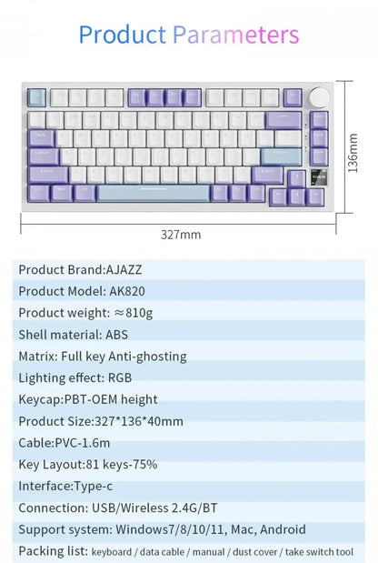 Ajazz Ak820 Wired Mechanical Keyboard 75% Layout Full Keys Hot Swappable Pc Laptop with Display Esports Gaming Keyboard