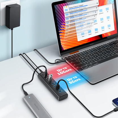 RSHTECH Powered USB Hub 7 Ports USB Extension 10Gbps USB-A and 2 USB-C Data Ports Individual On/Off Switches 12V Power Adapter