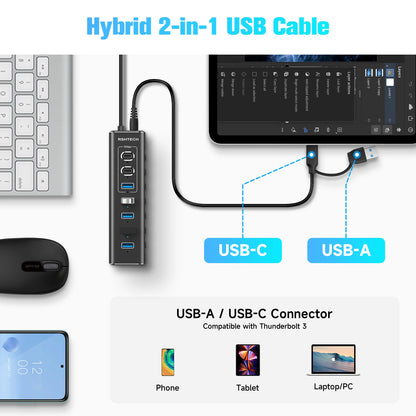 RSHTECH Powered USB Hub 7 Ports USB Extension 10Gbps USB-A and 2 USB-C Data Ports Individual On/Off Switches 12V Power Adapter