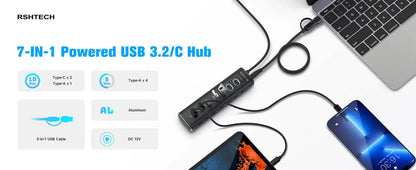 RSHTECH Powered USB Hub 7 Ports USB Extension 10Gbps USB-A and 2 USB-C Data Ports Individual On/Off Switches 12V Power Adapter