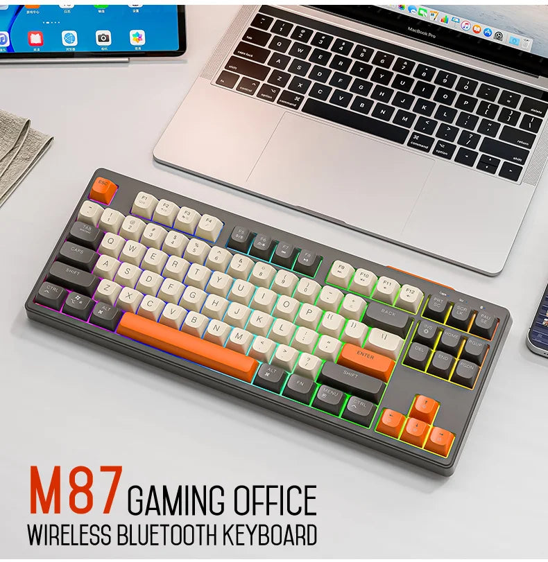 FREEWOLF M87 Wireless Keyboard and Mouse Set, 87keys Bluetooth Dual Mode Keyboard Mouse Kit with Rainbow-light RGB,PBT Ballcaps