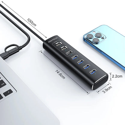 RSHTECH Powered USB Hub 7 Ports USB Extension 10Gbps USB-A and 2 USB-C Data Ports Individual On/Off Switches 12V Power Adapter