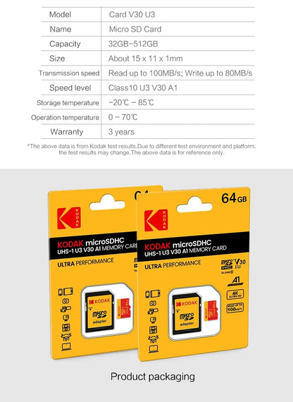 KODAK Micro SD Card Class10 U3 Memory Card MicroSD 64GB 128GB 256GB SD/TF Flash Card on For Smartphone Tablet Camera