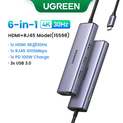 UGREEN 5-in-1 USB C HUB 4K HDMI USB3.0 HUB PD100W Multiport Adapter for Laptop MacBook Pro/Air iPad Pro iPhone15/16 Samsung Dell