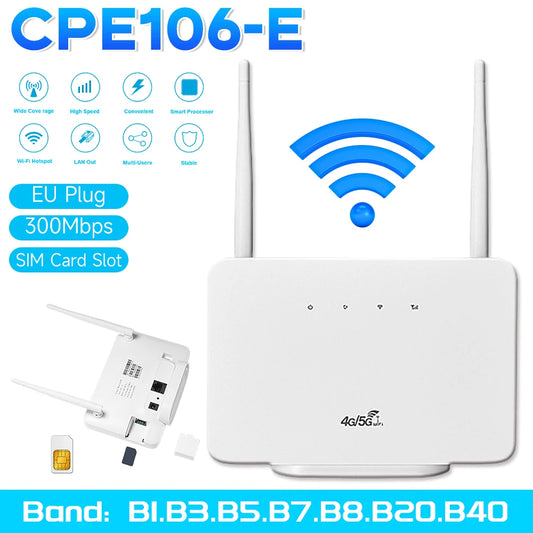 4G LTE CPE Router Modem 300Mbps Wireless Hotspot External Antenna with Sim Card Slot EU Plug for Home Travel Work