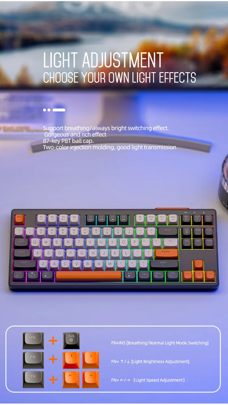FREEWOLF M87 Wireless Keyboard and Mouse Set, 87keys Bluetooth Dual Mode Keyboard Mouse Kit with Rainbow-light RGB,PBT Ballcaps