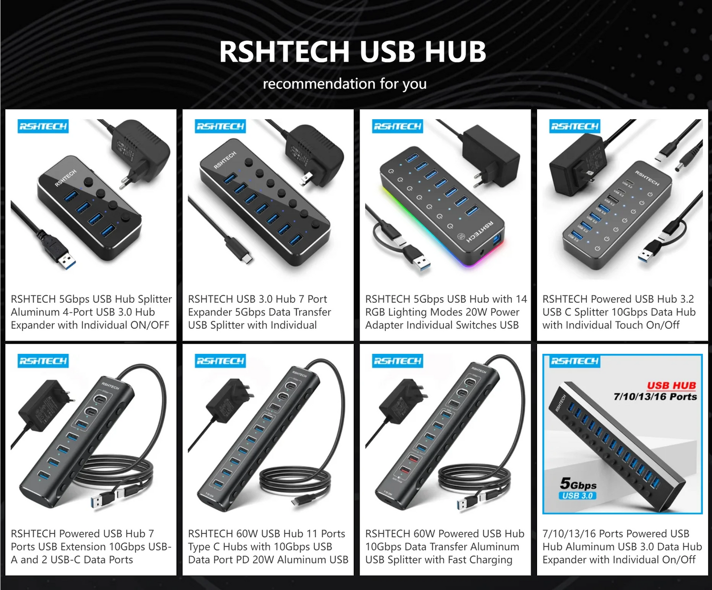 RSHTECH Powered USB Hub 7 Ports USB Extension 10Gbps USB-A and 2 USB-C Data Ports Individual On/Off Switches 12V Power Adapter