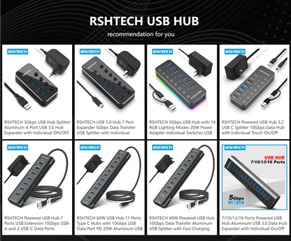 RSHTECH Powered USB Hub 7 Ports USB Extension 10Gbps USB-A and 2 USB-C Data Ports Individual On/Off Switches 12V Power Adapter