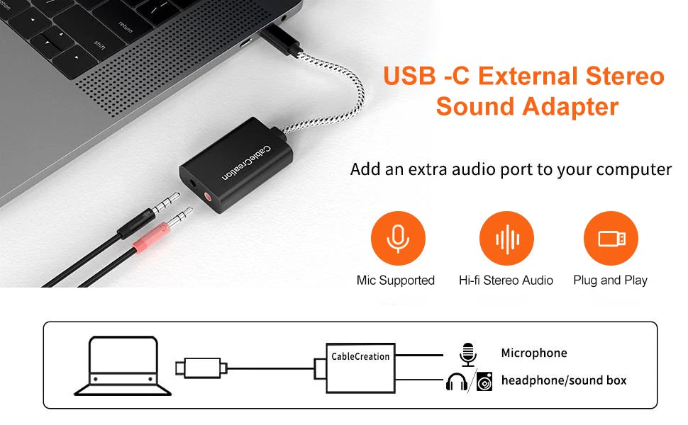 CableCreation Type C Sound Card External Stereo USB C to 3.5 mm Microphone Adapter Audio Jack For Macbook Pro iPad S20 S21Ultra