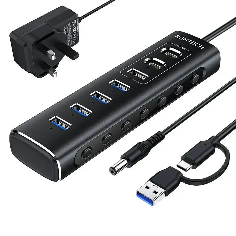 RSHTECH Powered USB Hub 7 Ports USB Extension 10Gbps USB-A and 2 USB-C Data Ports Individual On/Off Switches 12V Power Adapter