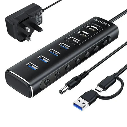 RSHTECH Powered USB Hub 7 Ports USB Extension 10Gbps USB-A and 2 USB-C Data Ports Individual On/Off Switches 12V Power Adapter