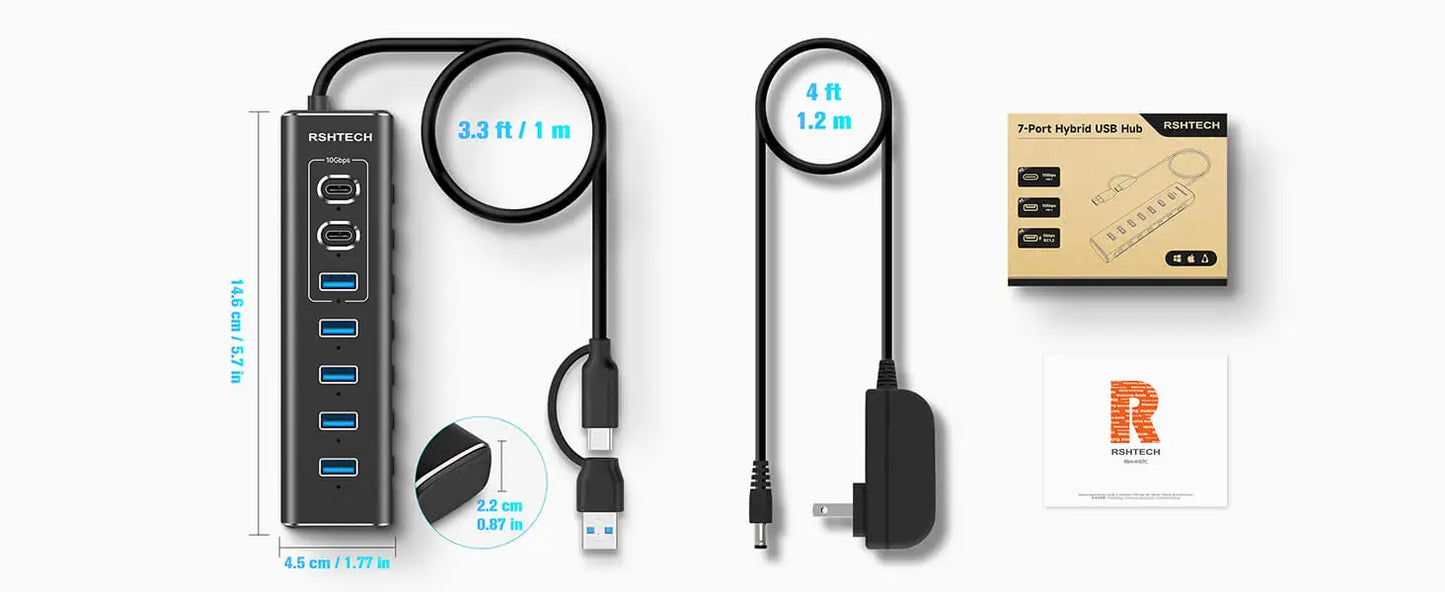 RSHTECH Powered USB Hub 7 Ports USB Extension 10Gbps USB-A and 2 USB-C Data Ports Individual On/Off Switches 12V Power Adapter