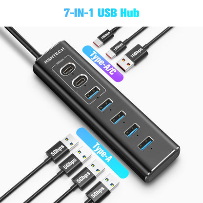 RSHTECH Powered USB Hub 7 Ports USB Extension 10Gbps USB-A and 2 USB-C Data Ports Individual On/Off Switches 12V Power Adapter